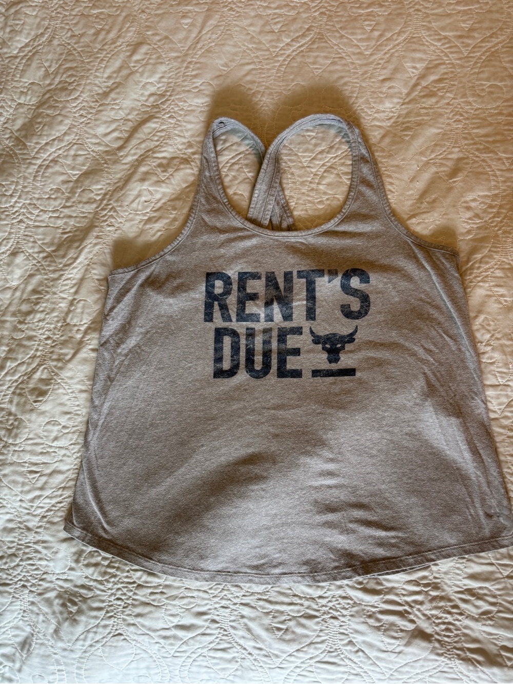 Under Armour Gray Racerback Tank Top with Navy the ROCK 'RENT'S DUE' Graphic